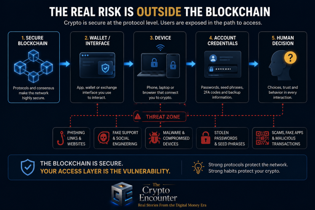 Crypto’s password problem illustrated through a security flow from blockchain to wallet, device, credentials, and human decisions, with phishing and scam risks.