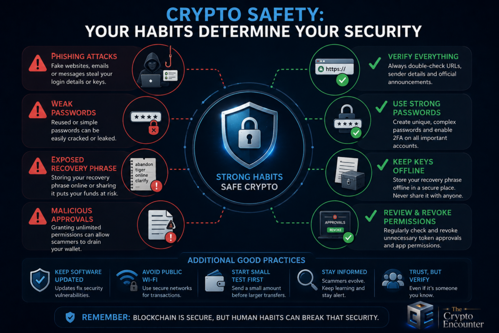 Crypto safety infographic comparing phishing, weak passwords, exposed recovery phrases, and malicious approvals with safer wallet habits.