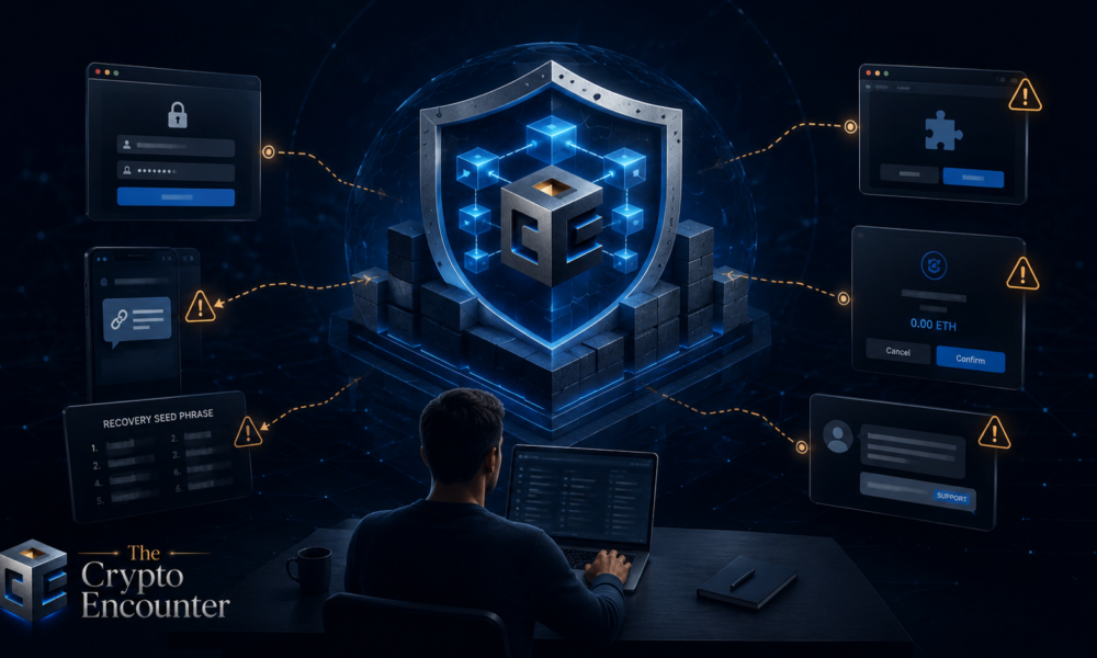 Illustration showing a secure blockchain surrounded by vulnerable user-facing layers including a wallet, phone, browser, seed phrase, and phishing message.