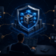 Illustration showing a secure blockchain surrounded by vulnerable user-facing layers including a wallet, phone, browser, seed phrase, and phishing message.