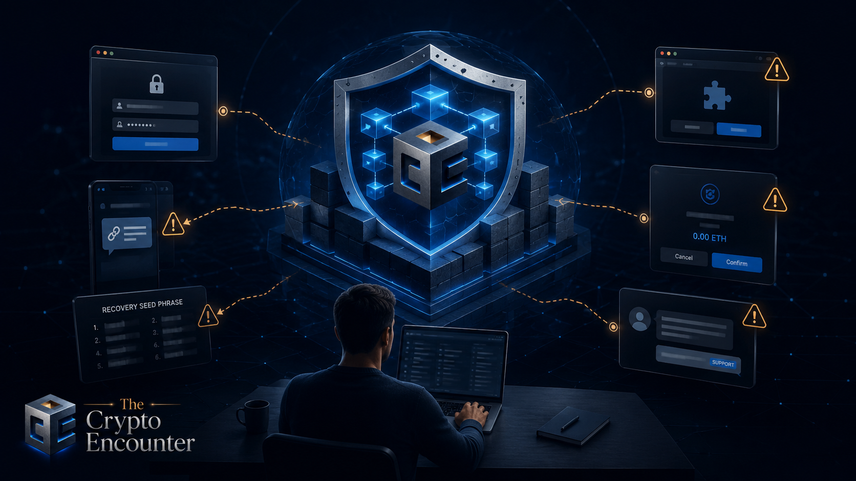 Illustration showing a secure blockchain surrounded by vulnerable user-facing layers including a wallet, phone, browser, seed phrase, and phishing message.