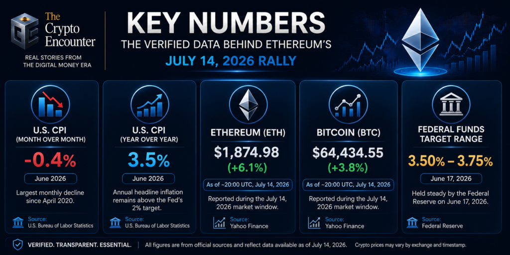 Infographic summarizing five verified figures behind Ethereum's July 14, 2026 market rally: U.S. CPI down 0.4% month over month, annual inflation at 3.5%, Ethereum at $1,874.98 up 6.1%, Bitcoin at $64,434.55 up 3.8%, and the Federal Reserve target range at 3.50% to 3.75%.