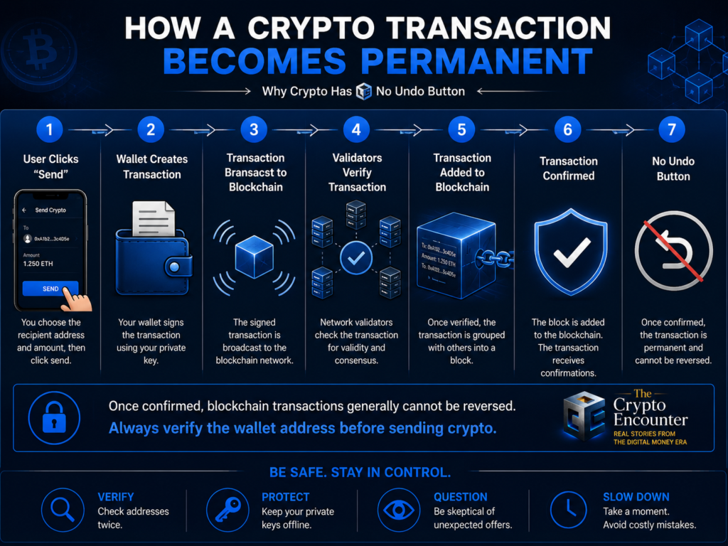 Infographic showing the seven stages of a cryptocurrency transaction, from clicking Send to blockchain confirmation, explaining why crypto has no undo button.