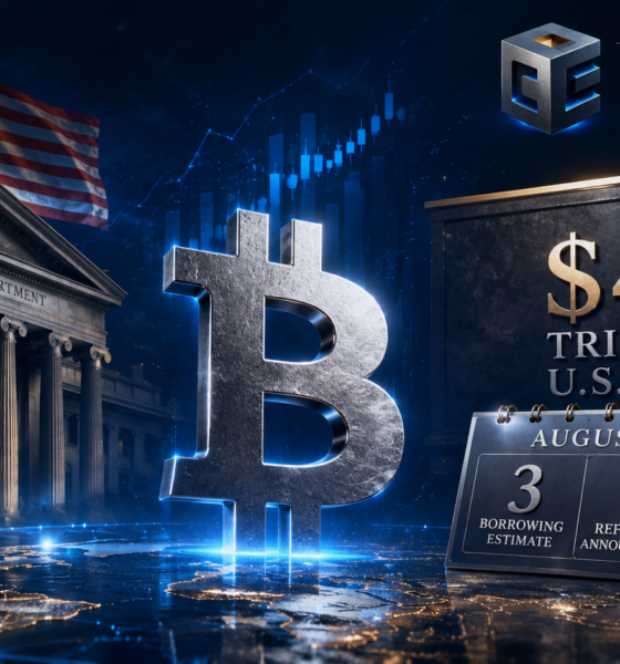 Bitcoin symbol beside the U.S. Treasury with $40 trillion U.S. debt and August 3 and 5 Treasury financing dates highlighted.