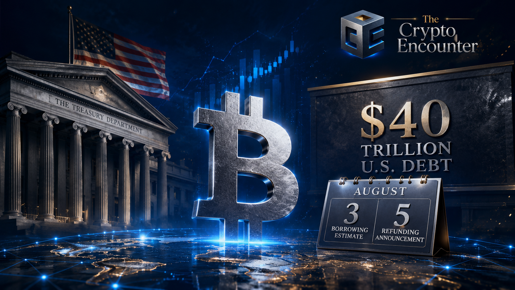 Bitcoin symbol beside the U.S. Treasury with $40 trillion U.S. debt and August 3 and 5 Treasury financing dates highlighted.
