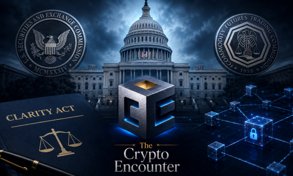 U.S. Capitol with SEC and CFTC symbols representing the CLARITY Act debate over crypto regulation as Congress considers new digital asset market rules.