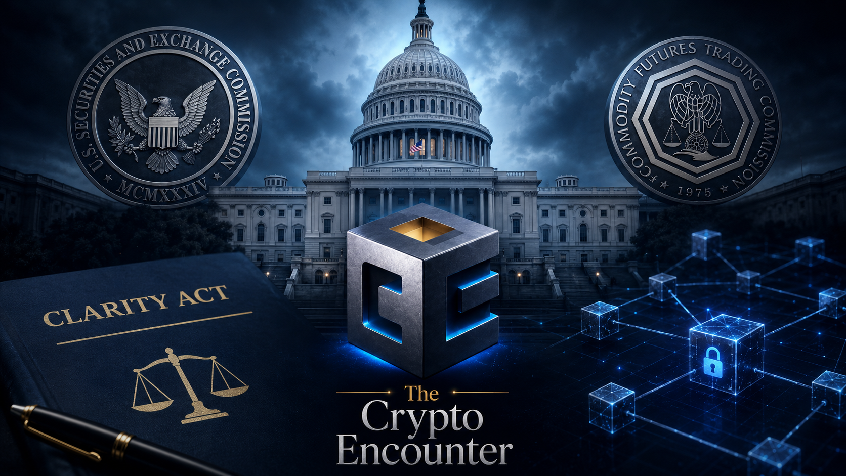 U.S. Capitol with SEC and CFTC symbols representing the CLARITY Act debate over crypto regulation as Congress considers new digital asset market rules.
