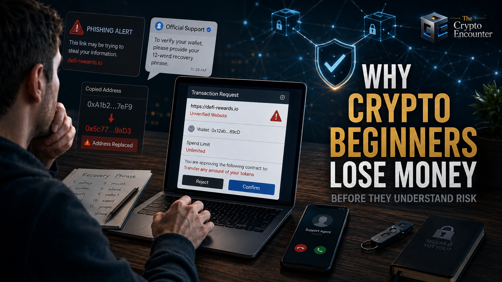 Why crypto beginners lose money through phishing links, malicious wallet approvals, exposed recovery phrases, and fake support scams
