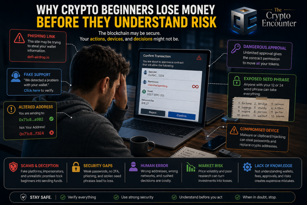 Infographic showing why crypto beginners lose money through phishing, fake support, dangerous wallet approvals, exposed seed phrases, altered addresses, and compromised devices