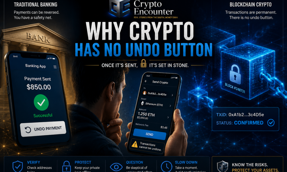 Illustration comparing reversible bank payments with irreversible blockchain transactions, explaining why crypto has no undo button.