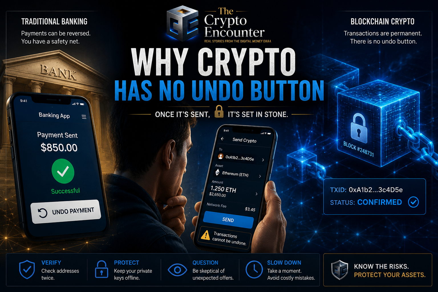 Illustration comparing reversible bank payments with irreversible blockchain transactions, explaining why crypto has no undo button.