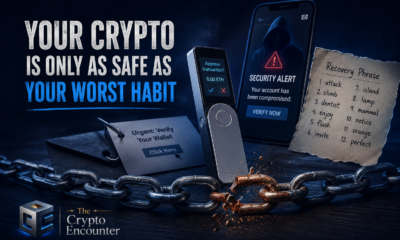 Hardware wallet, phishing alert, exposed recovery phrase, and broken chain illustrating how poor habits weaken crypto safety.