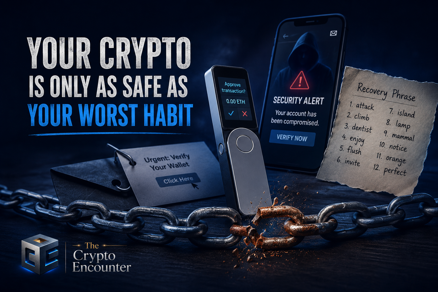 Hardware wallet, phishing alert, exposed recovery phrase, and broken chain illustrating how poor habits weaken crypto safety.