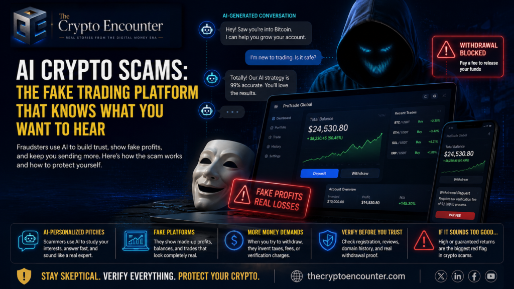 AI crypto scams featuring a fake crypto trading platform, AI-generated messages, fake profits, and withdrawal fee warnings.