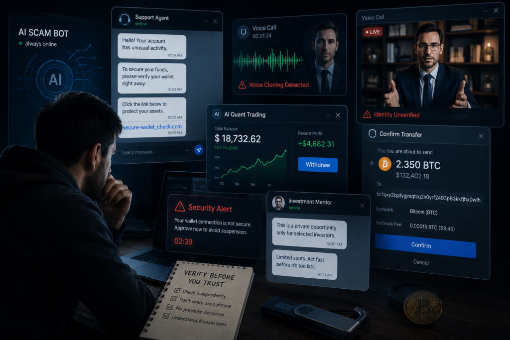 AI scam bots targeting a crypto user with fake support messages, voice cloning, deepfake video calls, investment scams, and fraudulent Bitcoin transfer requests.