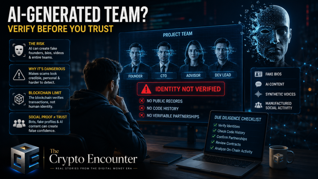 AI-generated crypto team shown on a cinematic crypto security dashboard, highlighting unverified identities, fake bios, synthetic voices, and the need for independent verification.