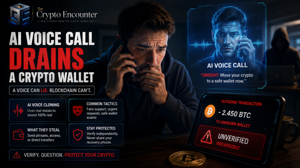AI voice call that drains a crypto wallet, showing a worried crypto user, AI voice cloning, an urgent transfer request, and an unverified outgoing Bitcoin transaction.