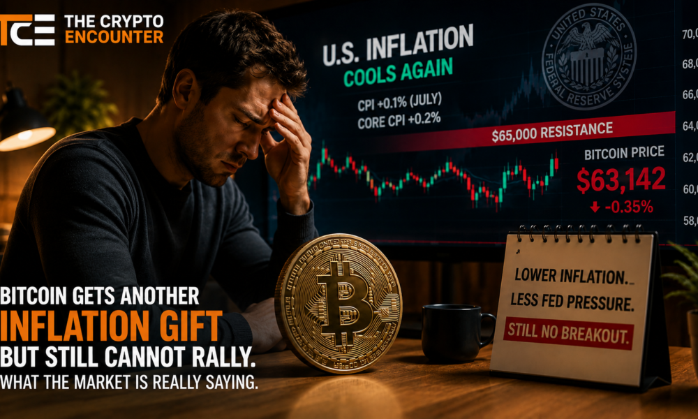 A concerned Bitcoin investor watches BTC stall near $63,000 below $65,000 resistance as softer U.S. inflation and reduced Fed pressure fail to trigger a breakout.