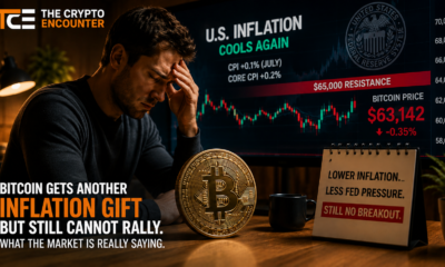 A concerned Bitcoin investor watches BTC stall near $63,000 below $65,000 resistance as softer U.S. inflation and reduced Fed pressure fail to trigger a breakout.