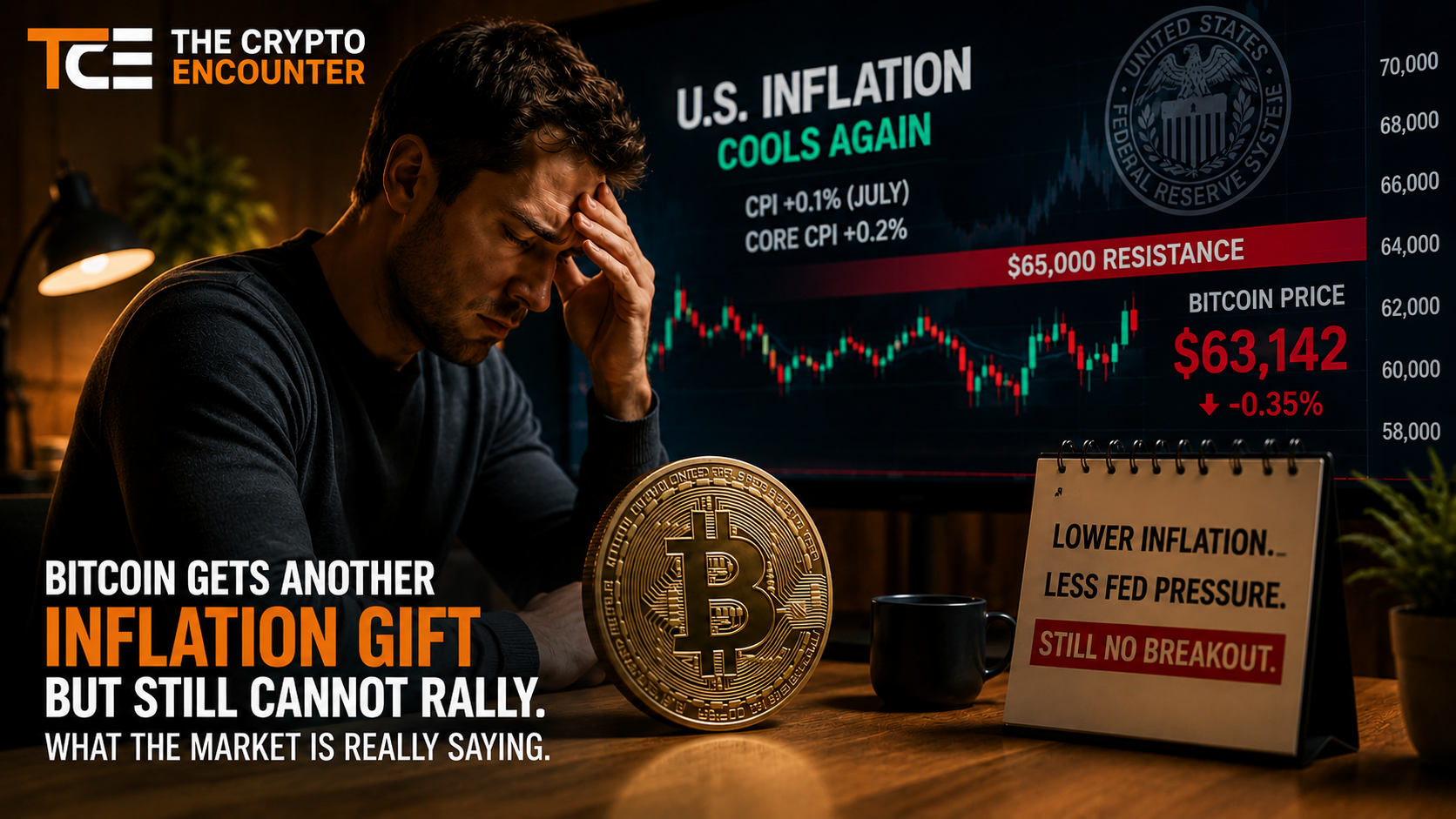 A concerned Bitcoin investor watches BTC stall near $63,000 below $65,000 resistance as softer U.S. inflation and reduced Fed pressure fail to trigger a breakout.
