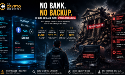 Cinematic VFX illustration showing decentralized exchange risks, with a DEX swap interface, liquidity and smart-contract warnings, wallet security concerns, and a collapsing bank.