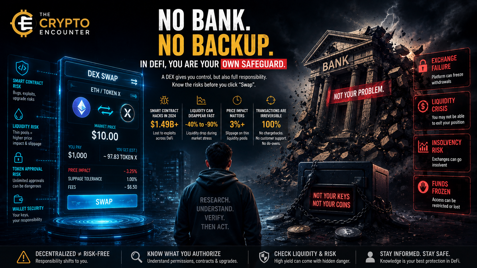 Cinematic VFX illustration showing decentralized exchange risks, with a DEX swap interface, liquidity and smart-contract warnings, wallet security concerns, and a collapsing bank.