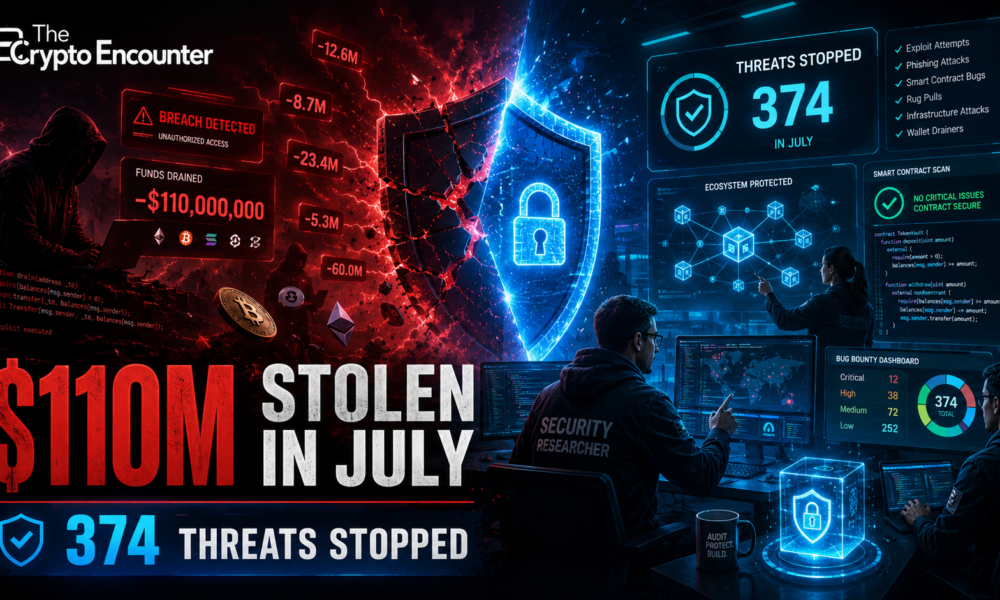 Cinematic crypto security scene showing hackers stealing $110 million in July while cybersecurity researchers block 374 threats using smart contract scans, bug bounty programs, and blockchain monitoring.