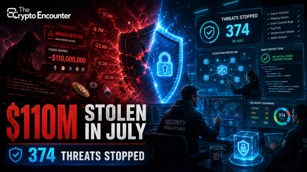 Cinematic crypto security scene showing hackers stealing $110 million in July while cybersecurity researchers block 374 threats using smart contract scans, bug bounty programs, and blockchain monitoring.