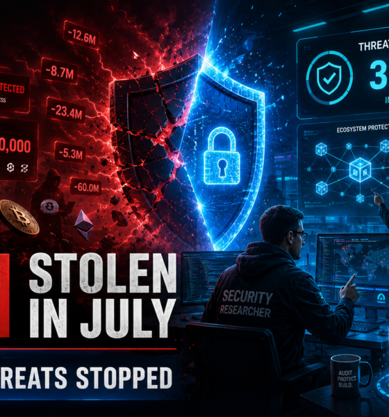 Cinematic crypto security scene showing hackers stealing $110 million in July while cybersecurity researchers block 374 threats using smart contract scans, bug bounty programs, and blockchain monitoring.