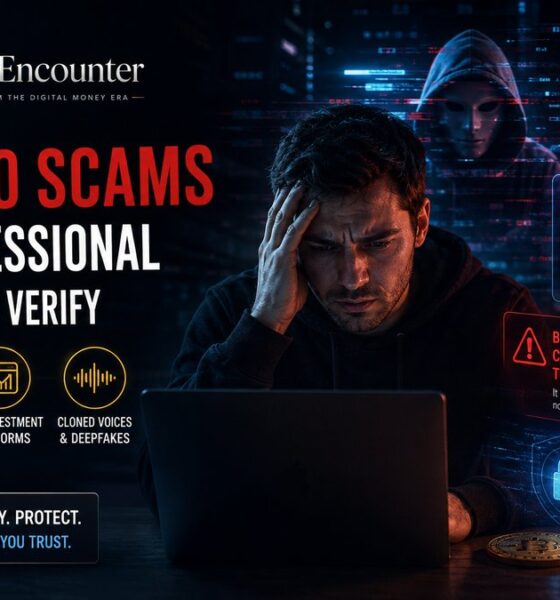 AI crypto scams appearing as professional-looking fake platforms, cloned voices, fake identities, and urgent payment requests, with a user verifying crypto transactions.