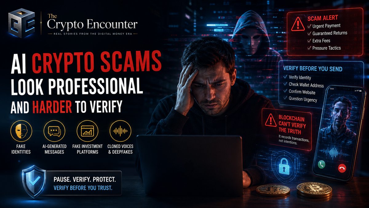 AI crypto scams appearing as professional-looking fake platforms, cloned voices, fake identities, and urgent payment requests, with a user verifying crypto transactions.