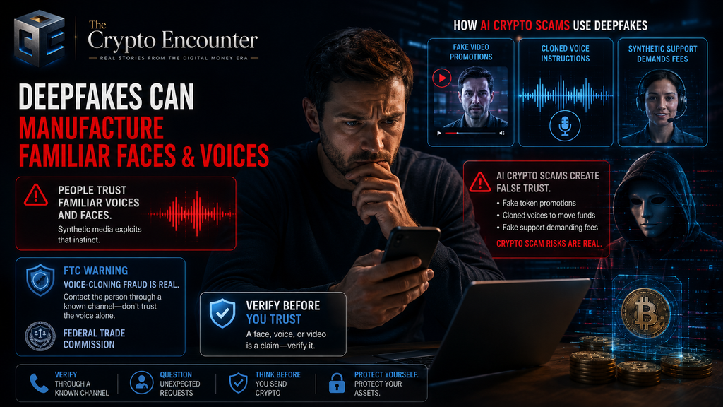AI crypto scams using deepfakes to imitate familiar faces and voices, with fake video promotions, cloned voice instructions, and synthetic support demanding crypto fees.