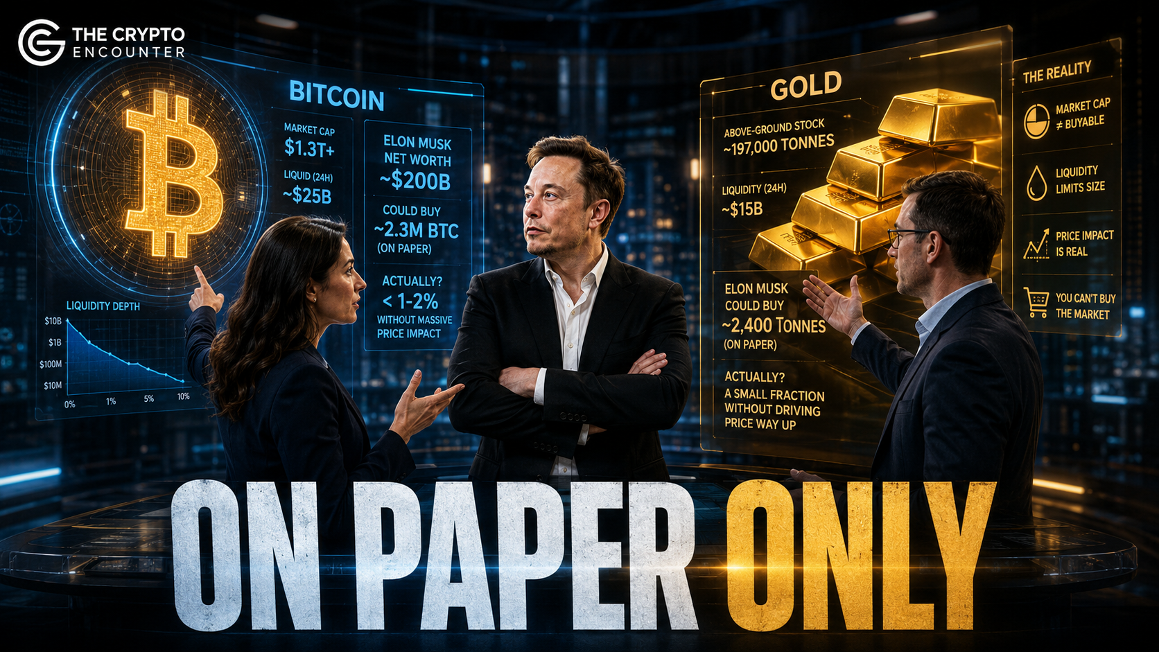 Elon Musk’s theoretical $895 billion purchasing power compared with Bitcoin and gold, highlighting the gap between market value, liquidity, and what could actually be bought.