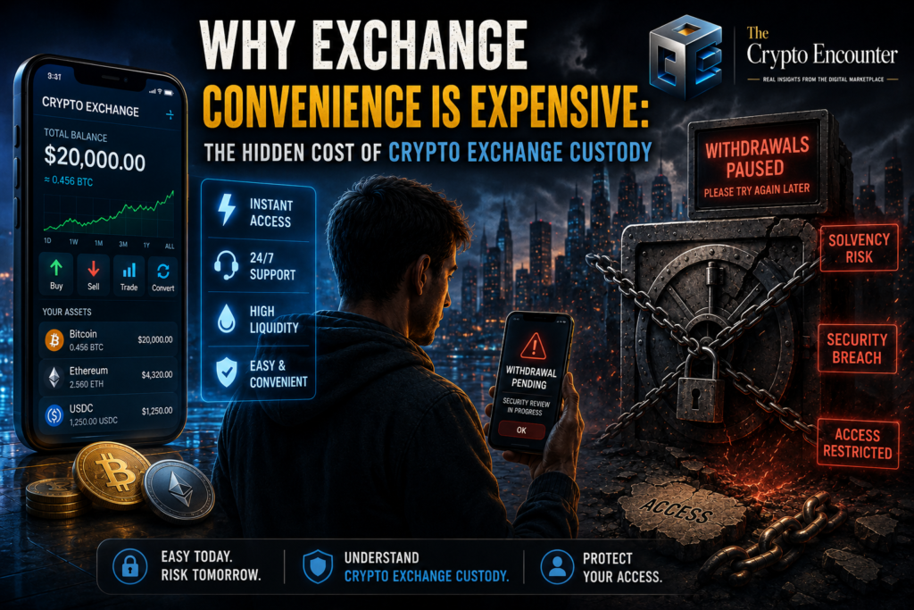 Crypto exchange custody risks shown through paused withdrawals, solvency concerns, and restricted access