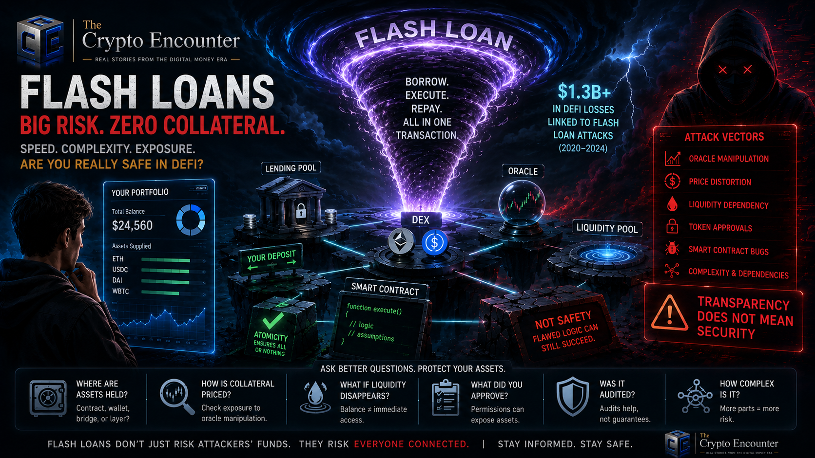 Flash loans exposing DeFi users to smart contract vulnerabilities, oracle manipulation, liquidity risks, and token approval threats across interconnected protocols.