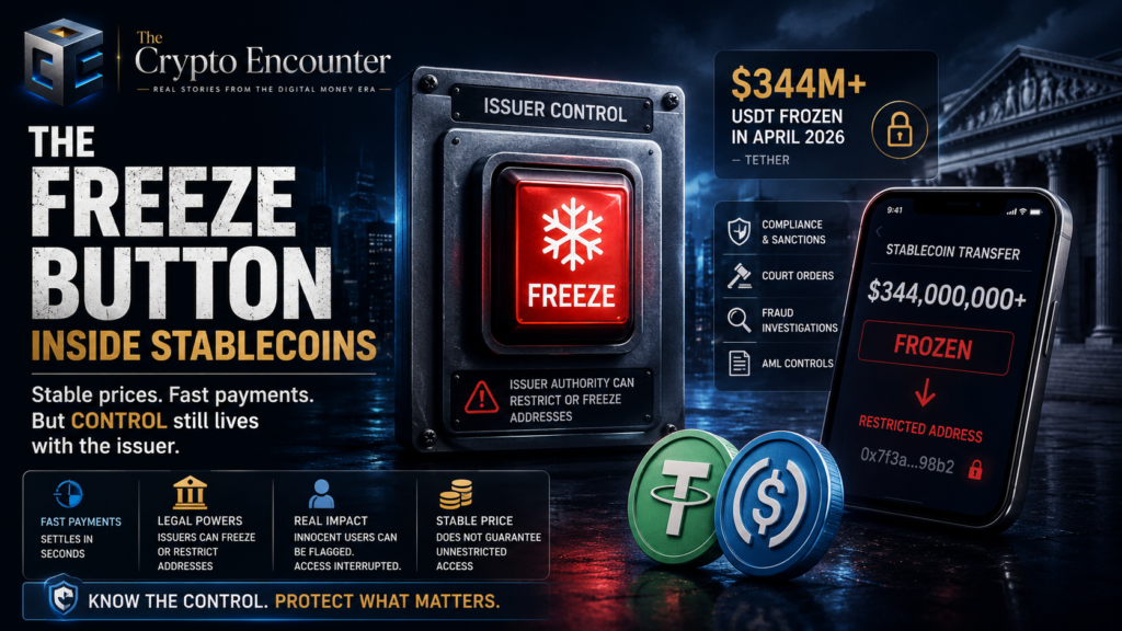 Cinematic illustration of stablecoin freezing affecting a $500 cross-border payment, showing compliance screening, frozen funds, intermediaries, and native versus bridged tokens.