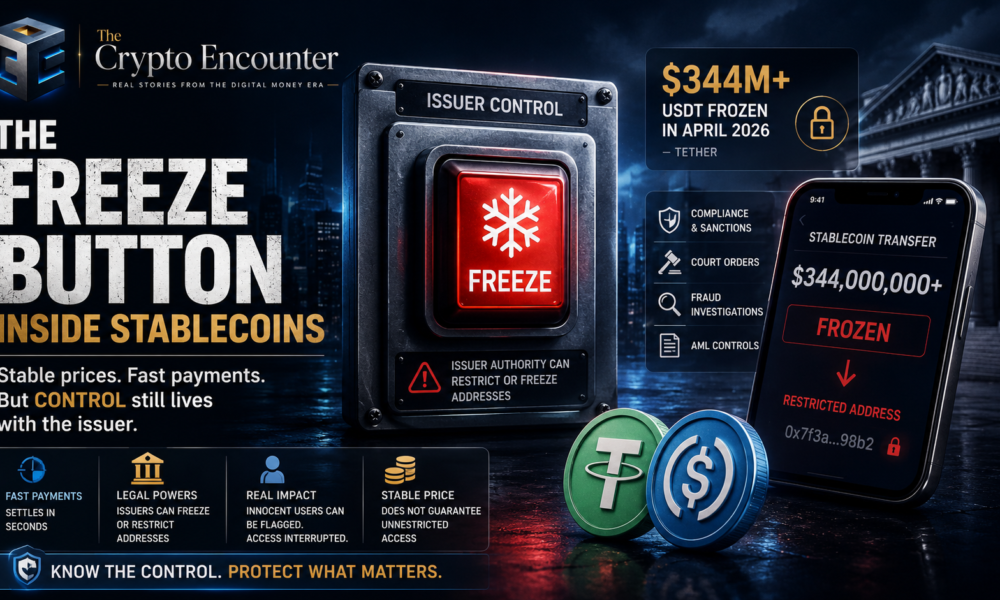 The stablecoin freeze mechanism shown as an issuer-controlled freeze button, restricted transfer on a smartphone, compliance controls, and stablecoin tokens.