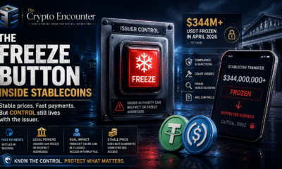 The stablecoin freeze mechanism shown as an issuer-controlled freeze button, restricted transfer on a smartphone, compliance controls, and stablecoin tokens.