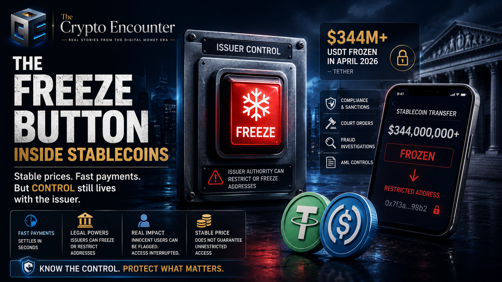 The stablecoin freeze mechanism shown as an issuer-controlled freeze button, restricted transfer on a smartphone, compliance controls, and stablecoin tokens.