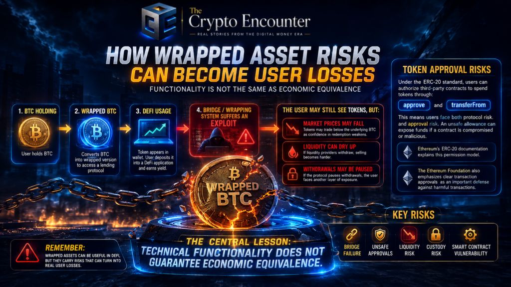 Cinematic illustration showing wrapped asset risks as BTC moves through a DeFi protocol, highlighting bridge failures, liquidity loss, unsafe token approvals, custody risks, and smart-contract vulnerabilities.
