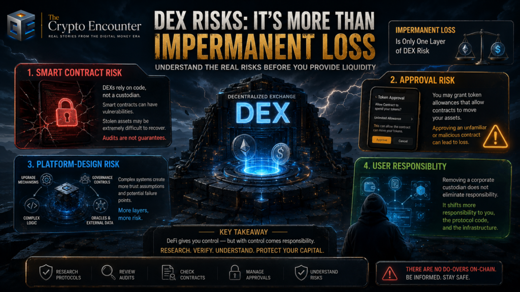 Cinematic VFX illustration explaining DEX risks, including smart contract vulnerabilities, approval risks, platform-design risks, and user responsibility in decentralized finance.