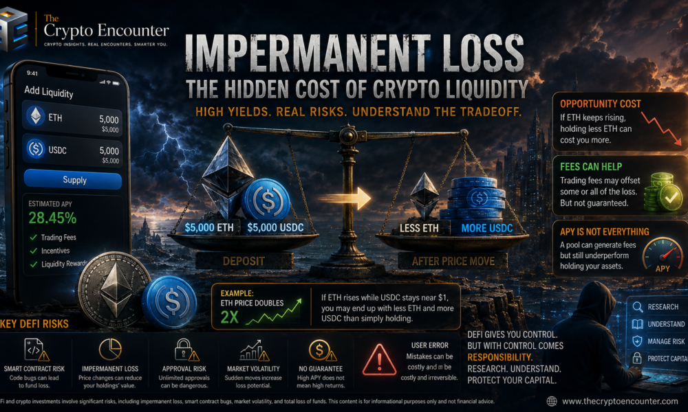 Impermanent loss in a DeFi liquidity pool, showing how an ETH price increase can leave liquidity providers with less ETH and more USDC.