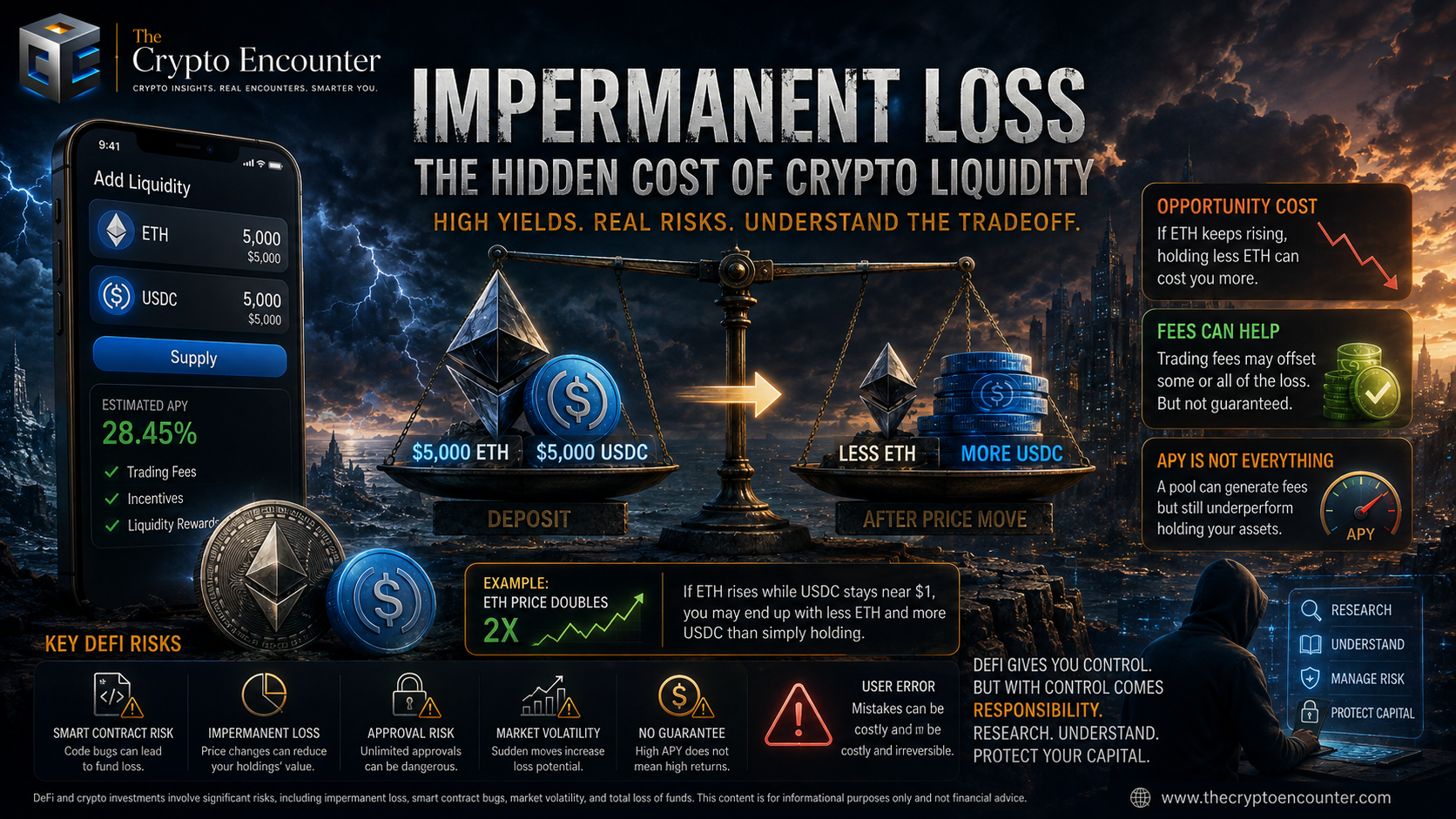 Impermanent loss in a DeFi liquidity pool, showing how an ETH price increase can leave liquidity providers with less ETH and more USDC.