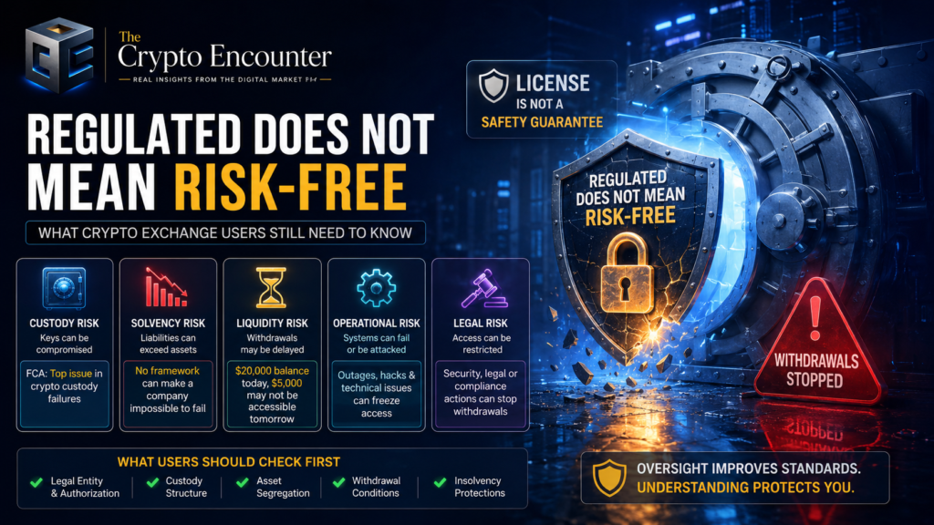 Regulated Does Not Mean Risk-Free — crypto exchange risks including custody, solvency, liquidity, operational, and legal issues.