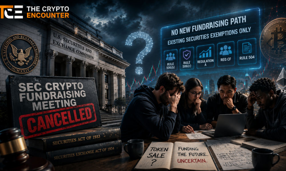 SEC headquarters and concerned crypto founders reviewing existing securities exemptions after the regulator canceled its meeting on a new token fundraising framework.