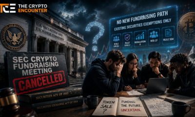 SEC headquarters and concerned crypto founders reviewing existing securities exemptions after the regulator canceled its meeting on a new token fundraising framework.