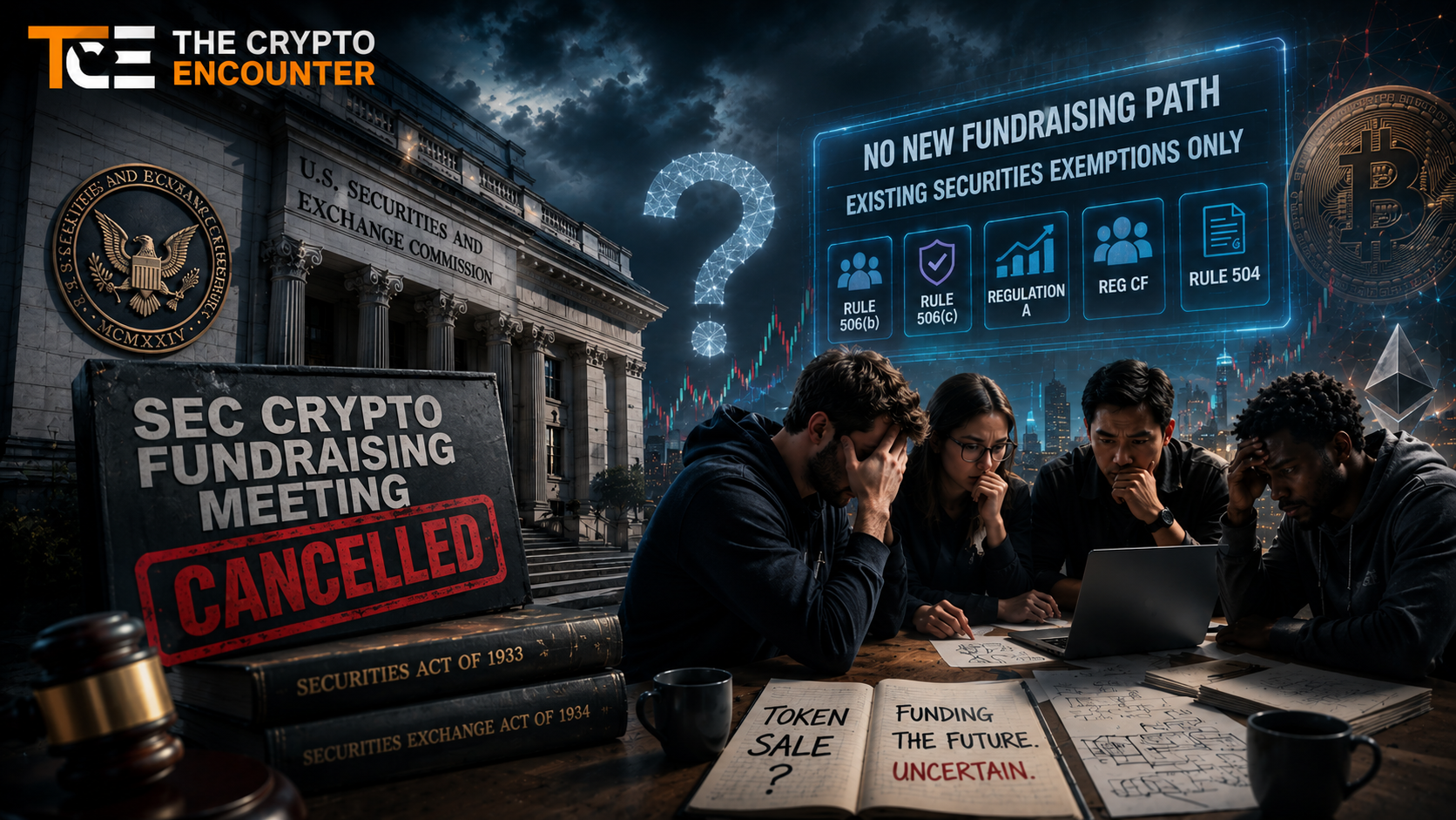 SEC headquarters and concerned crypto founders reviewing existing securities exemptions after the regulator canceled its meeting on a new token fundraising framework.