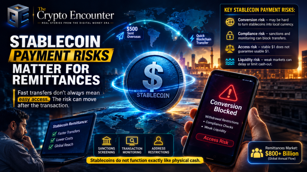 Cinematic VFX illustration showing stablecoin payment risks in remittances, with a $500 overseas transfer, global payment routes, conversion restrictions, compliance checks, liquidity concerns, and a stablecoin displayed at the center.