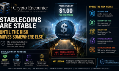 Stablecoin risks illustrated by a stablecoin holding a $1 peg while reserve, redemption, issuer, compliance, and payment access risks surround it.