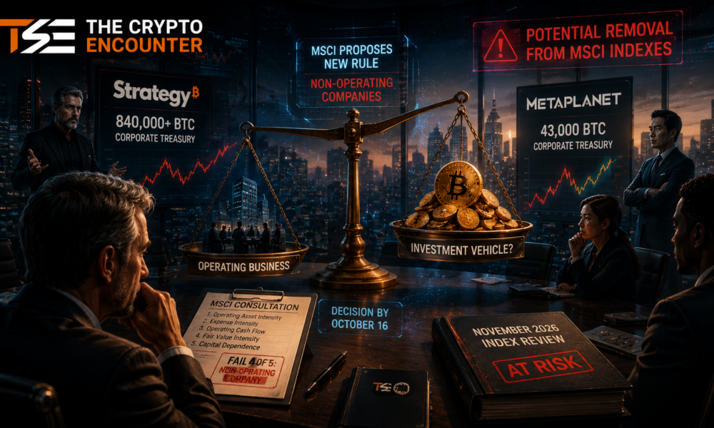 Strategy and Metaplanet face possible MSCI index removal as Bitcoin-heavy treasury models come under scrutiny over whether they still qualify as operating companies.